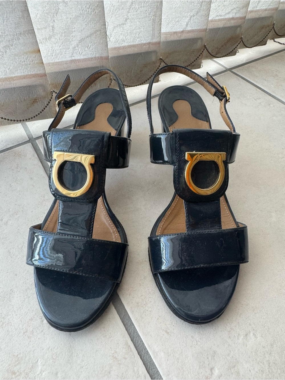 Ferragamo navy Patent Leather Slingback Sandals